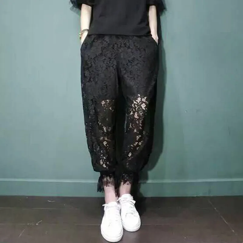 Женские шаровары кружевные брюки с эластичной талией облегающие панталоны