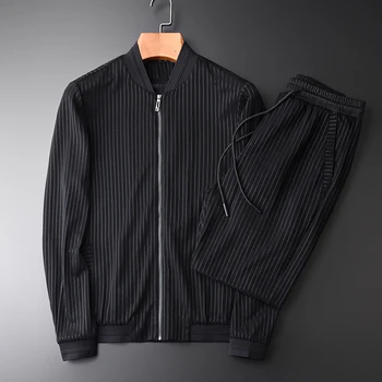 

New Male Jacket Luxury Soft And Thin Striped Stand Collar Man Jackets Hight Quality Slim Fit 2pcs Mens Jackets And Coats Set