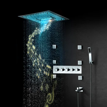 

Bathroom luxury 5 Functions Shower Systems Music Rainfall LED Shower Head Ceiling Shower panel Chrome Thermostatic Valve Brass