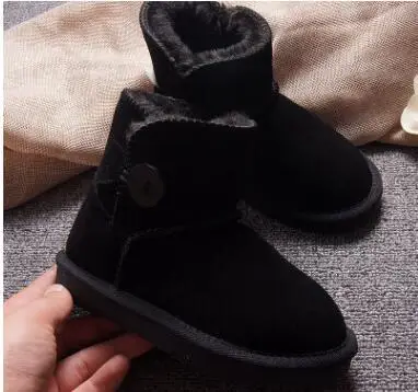 Австралийские детские зимние ботинки для мальчиков и девочек; зимние ботинки из воловьей кожи с натуральным мехом; детская обувь из натуральной кожи; длина стельки 14-22 см - Цвет: black