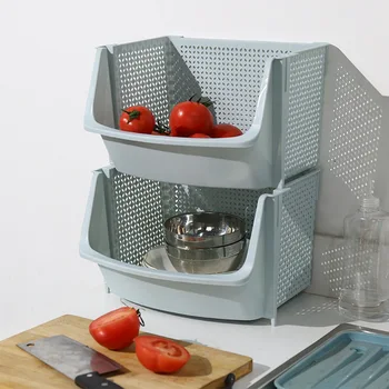 

Kitchen Storage Basket Plastic Multi-functional Hollow Vegetables Fruit Rack Storage Basket for Organizers Stackable Storage Box