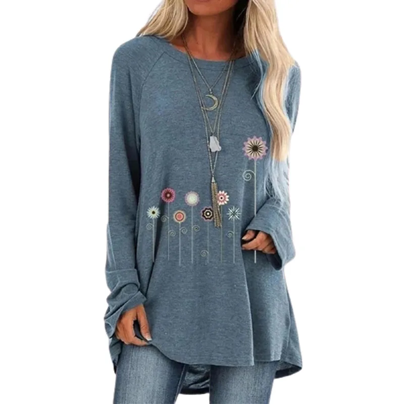 

Women Floral Printed Casual Round Neck Long Sleeves Plus Size Cotton Tunic Loose T-Shirt