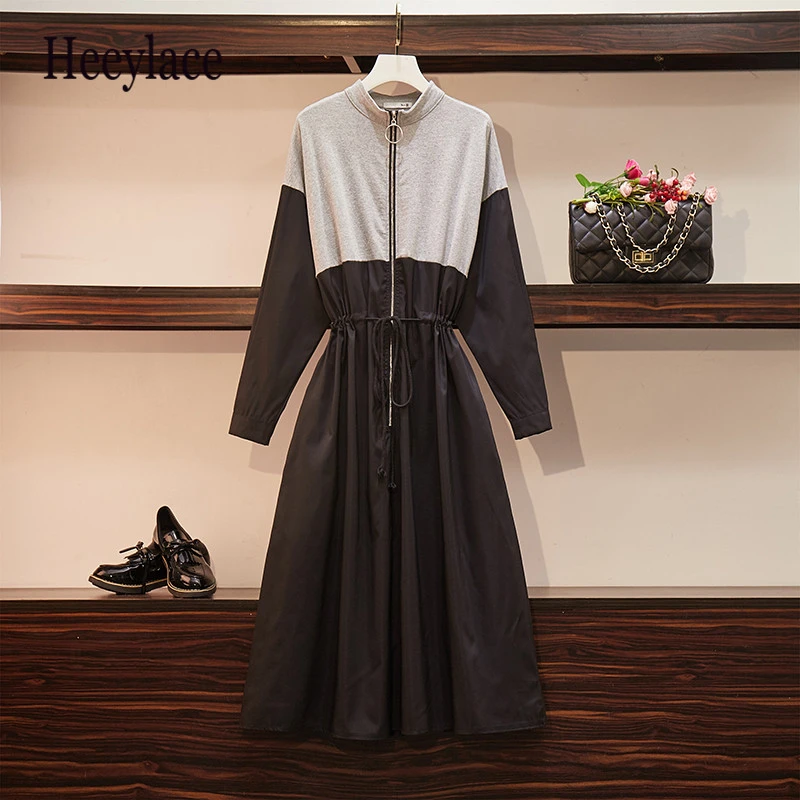 

Plus Size 2019 Autumn Europe Style Dress Women Two-tone Zipper Drawstring Loose Dress Female Fashion Dresses Oversize XL-5XL
