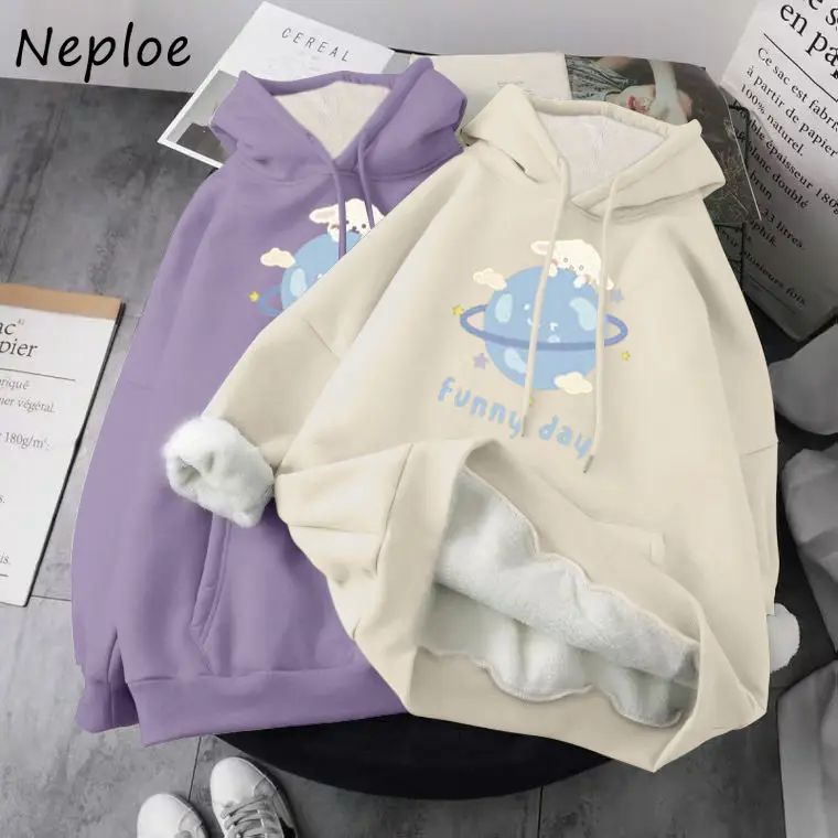 Зимний плотный флисовый Свитшот Neploe 2022 с капюшоном Женская свободная одежда