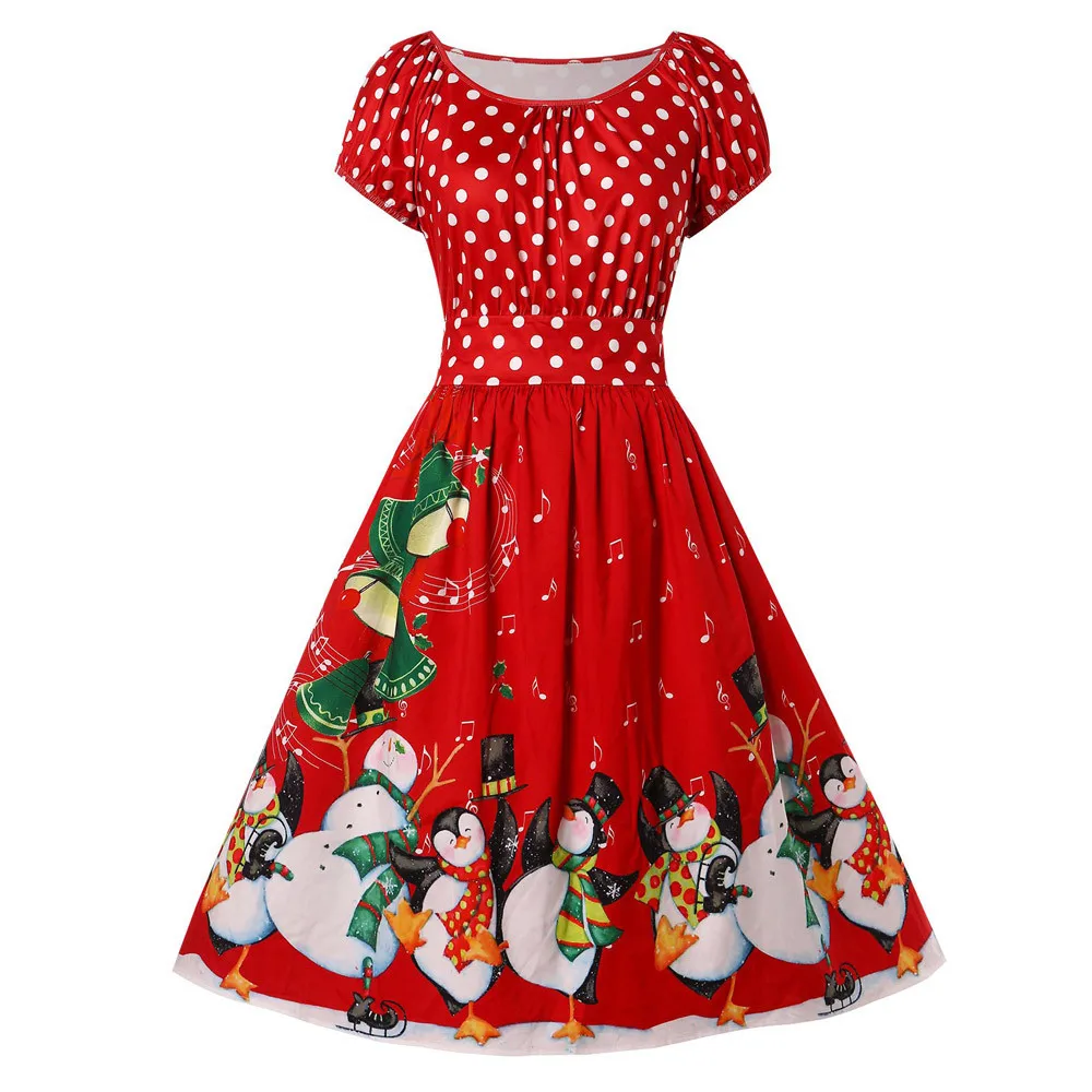 Вечернее платье vestidos с принтом пингвина, в горошек, с круглым вырезом, с коротким рукавом, рождественские платья для женщин, винтажная Мода для девушек размера плюс Verano Robe