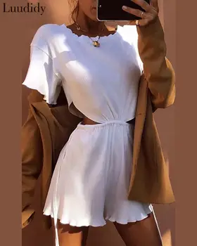 

Women Elegant Sexy Romper Summer Female Cut Out Frill Hem Romper