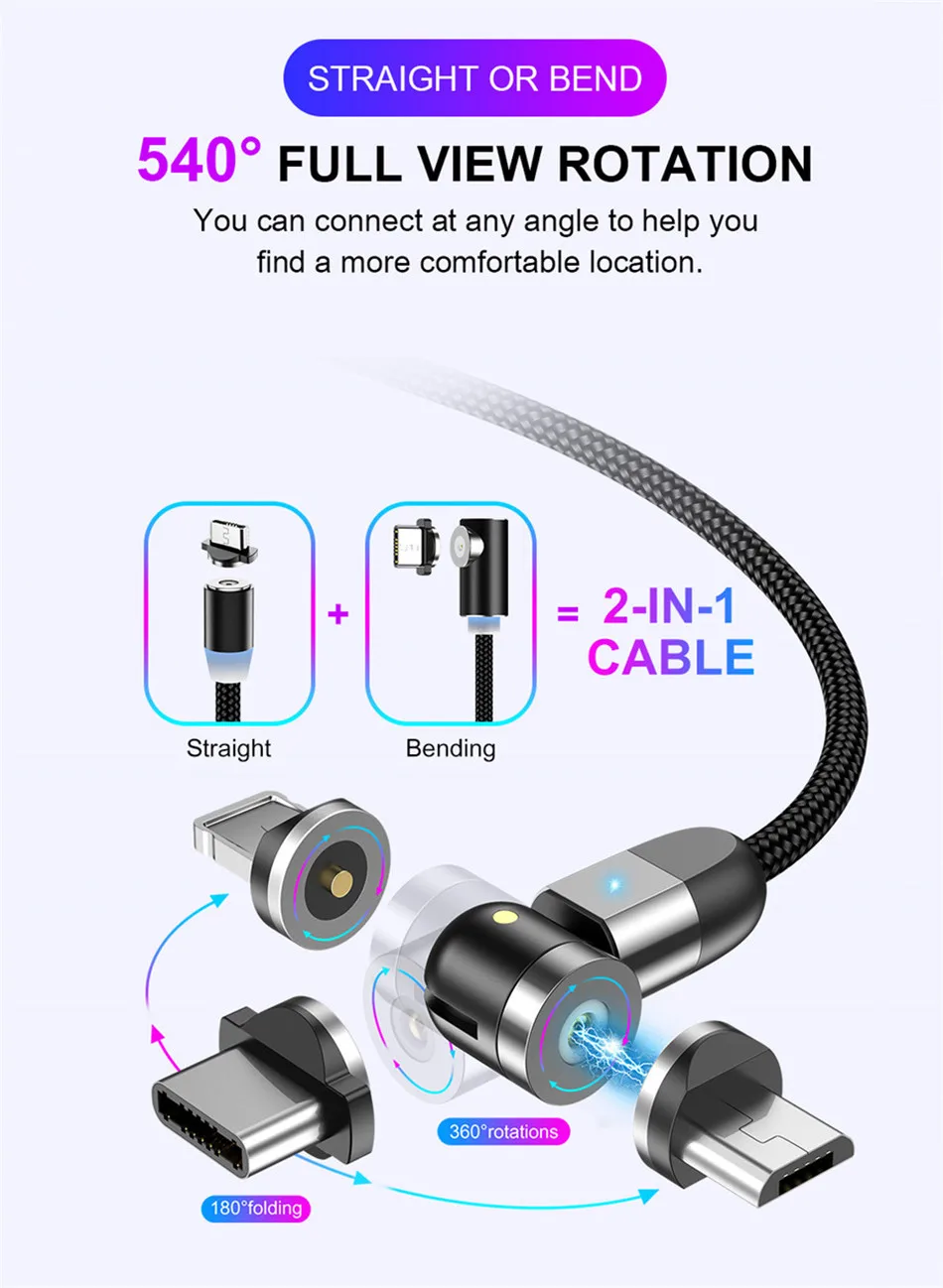 USLION обновленный Магнитный кабель для быстрой зарядки Micro usb type C кабель для мобильного телефона для samsung iPhone 360+ 180 градусов