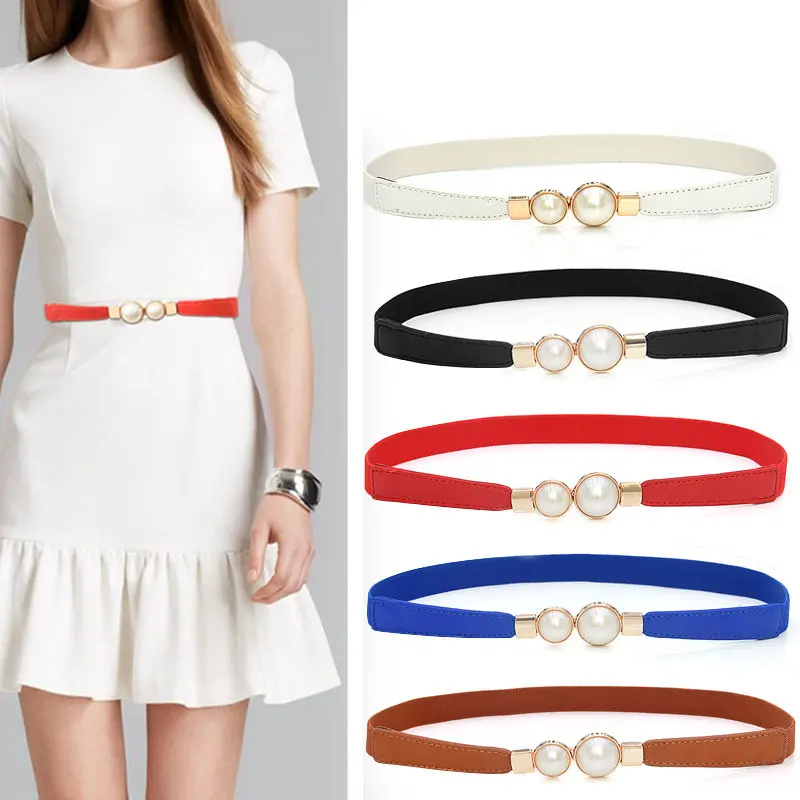 

New Women Elastic Thin Waist Belt with Pearl Buckle Solid Dress Skirt Decorative Waistband Leather Narrow Waist Seal Waist Strap