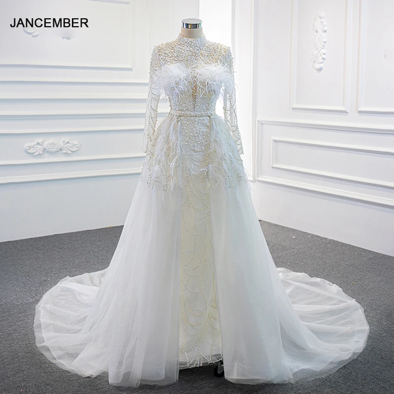 RSM67052 White Sexy Pearl Decoration Applique Print Wedding Dress 2021 Long Sleeve Tassel Embellishment And Floor Dress 1