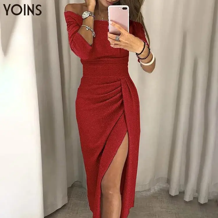 YOINS элегантное блестящее платье с открытыми плечами и короткими рукавами, с рюшами, с разрезом,, сексуальные женские облегающие макси платья, вечерние платья, Vestidos Femme - Цвет: Красный