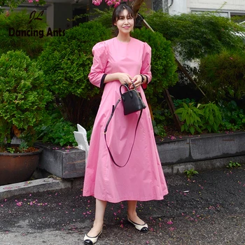 

Woman A-line Dress O-Neck Puff Sleeve High Waist Slim Solid Dresses Chic Elegant Plus Size Ankle-Length Dress One Size