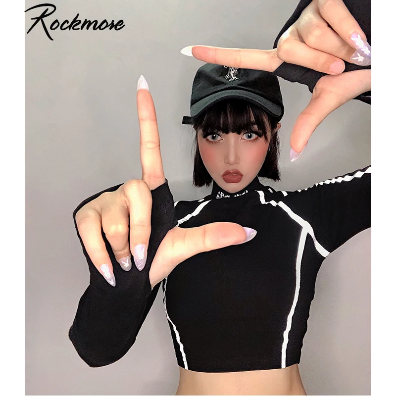 

Rockmore Harajuku Reflective Panelled T Shirt Women Cycling Streetwear Long Sleeve Tight Shirts Autumn Crop Top Tee Basic Tshirt