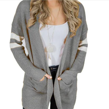 

Fall/winter 2019 new ladies sweater stripe color matching cardigan long fashion simple elegant atmosphere sweater women Striped