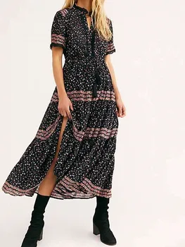 

Pleated Women Long Dress Bohemia New 2020 Deep V Neck Romantic Printing Casual Holiday Robes