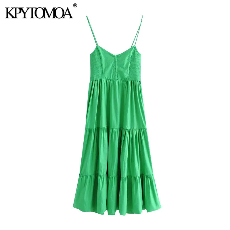 KPYTOMOA Women 2020 Chic Fashion With Metal Hooks Ruffled Midi Dress Vintage V Neck Thin Straps Female Dresses Vestidos Mujer KPYTOMOA Women 2020 Chic Fashion With Metal Hooks Ruffled Midi Dress Vintage V Neck Thin Straps Female Dresses Vestidos Mujer