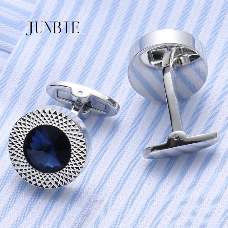 

JUNBIE Jewelry French shirt Fashion cufflinks for mens blue crystal Cuff link Wholesale Button High Quality Wedding Male