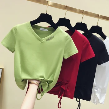

gkfnmt V-Neck T-Shirt Drawstring T Shirt Women Clothes 2020 Short Sleeve Summer Tops Cotton Korean Button Tshirt Female Vetement