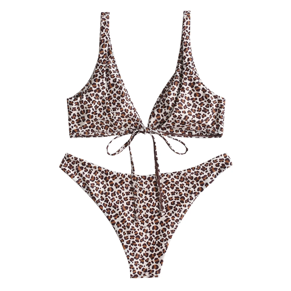 ZAFUL Women Leopard Back Tie Plunge Bikini Swimsuit Plunging Neck Bathing Suits Sexy Wire Free Removable Padded Swimwear 2020 ZAFUL Women Leopard Back Tie Plunge Bikini Swimsuit Plunging Neck Bathing Suits Sexy Wire Free Removable Padded Swimwear 2020