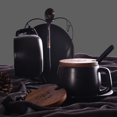 cup saucer lid 2 pcs Черные матовые кофейные чашки с ложкой для блюдца Европейский послеобеденный чайный набор Бытовой простой офис Керамическая чашка Посуда подарок - Цвет: cup saucer lid 2 pcs