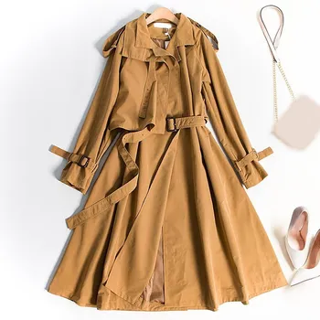 

Fashion Women Thin Coat Elegant Full Sleeve Long Trench Coat Casual Waist Belt A-Line Coat