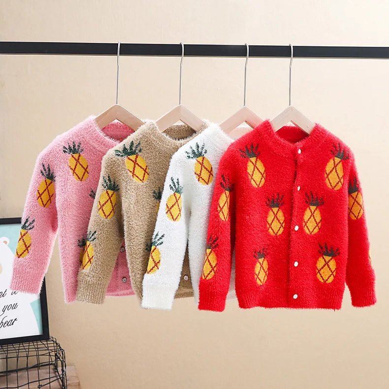 

2019 Autumn CHILDREN'S Sweater Cardigan Small CHILDREN'S-Pineapple Pattern Girls Korean-style Cute Yarn Mink Cashmere Coat