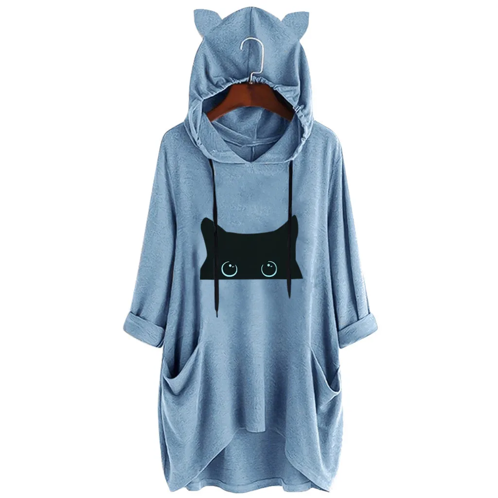 Blue A Женская футболка с ушками кошки, Повседневная футболка с капюшоном, с принтом, с длинным рукавом, с карманом, необычная модная новинка, топ, Femme poleras mujer de moda - Цвет: Blue A
