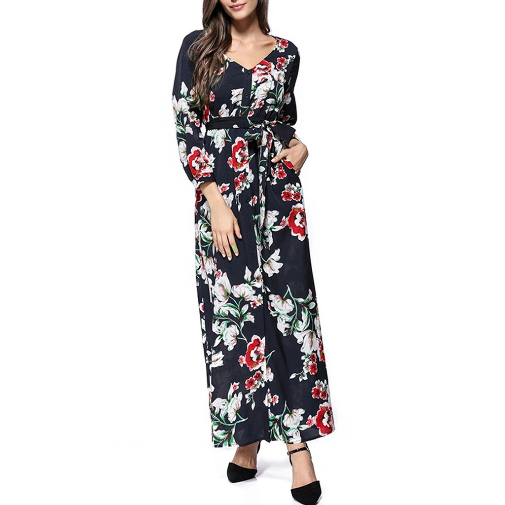 Loose Dresses Long Sleeve Winter Bohemian Beach Women Floral Print  Runway Dress Autumn Party Night Sundress Vestidos 822