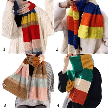 

Stylish Women Girls Knitted Scarf Rainbow Stitching Color Stripes Lady Female Casual Autumn Winter Warm Shawl 4 Styles