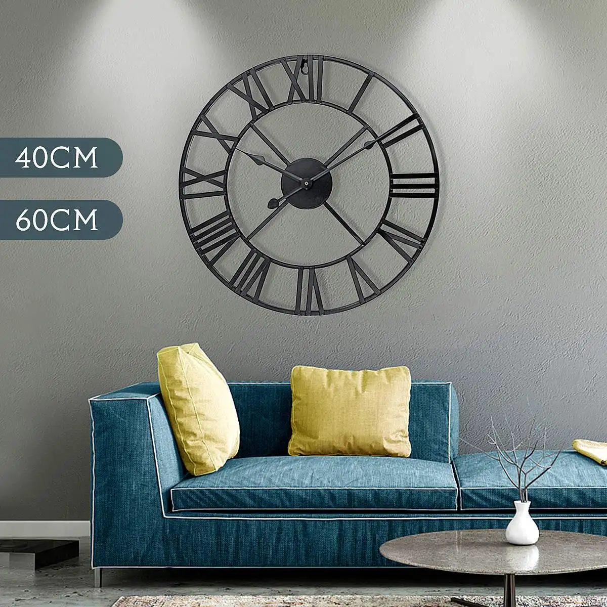 Petyoung 60cm Round Numbers Large Clock Metal Wall Clock Round Numbers Large Clock Vintage Industrial Design Decoration