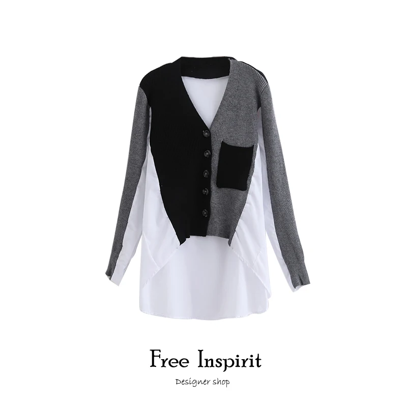 

Free Inspirit Casual Style Computer Knitted Splicing V-neck Lady's Single Breasted Cardigans Geometric Pattern Women's Sweaters