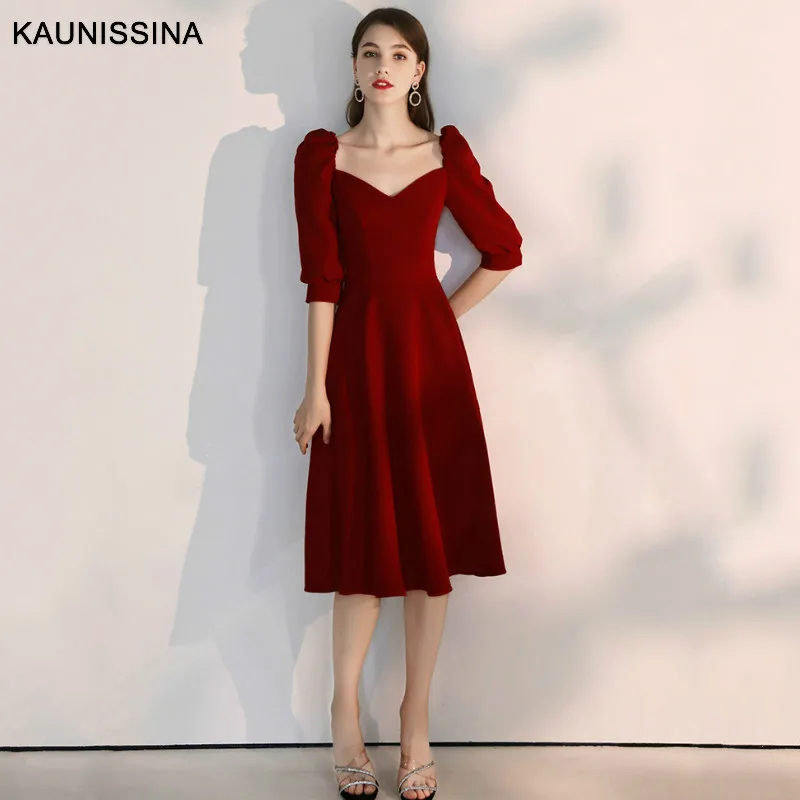 KAUNISSINA коктейльное платье для женщин до колена элегантные вечерние платья Половина рукава одноцветное платье для выпускного вечера