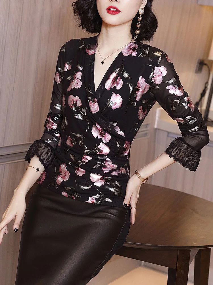 Новая Осенняя женская блузка с цветочным принтом и длинным рукавом с v-образным вырезом женские черные повседневные топы и рубашки