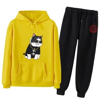 

a573 Women Tracksuit 2 Piece Set Crop Top Pants Fashion cat print Female Loose Jacket Coat Matching sweatshirt Sets Plus Size