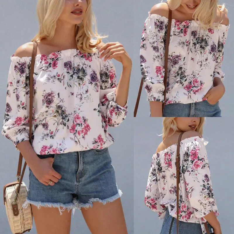 

Fashion Womens Summer Floral Printed Shoulder Chiffon Shirt Off Shoulder Tops Loose Shirt Casual Shirt Blouse For Ladies Travel