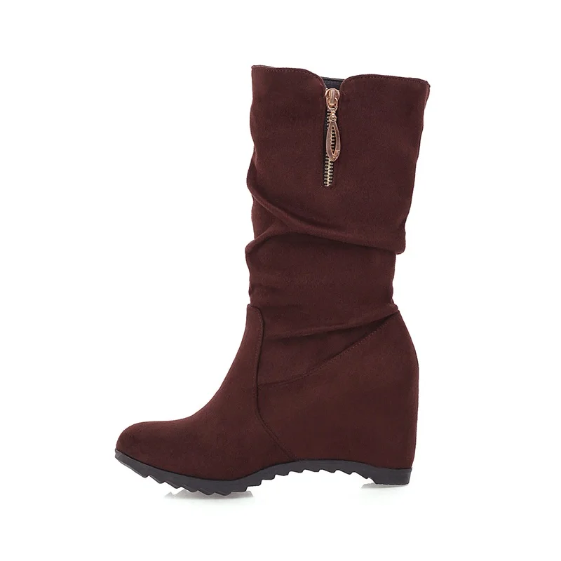 EGONERY winter new concise mid calf boots outside casual high heels round toe flock zipper women shoes drop shipping size 33-44