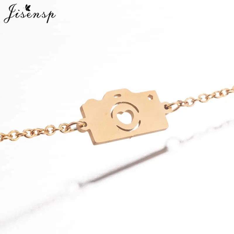 Jisensp браслет из нержавеющей стали с золотой камерой для женщин Pulseira Feminina простой геометрический шарм браслеты для девочек детский туристический подарок