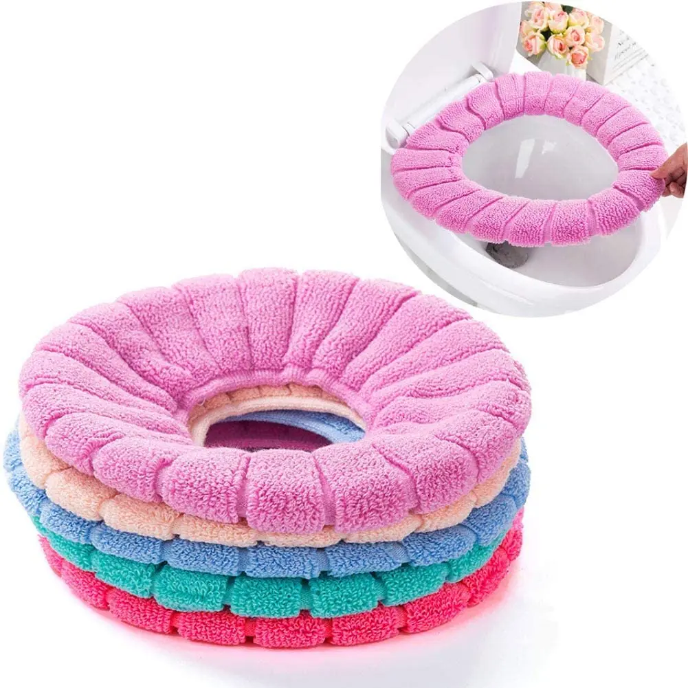 5 pcs Bathroom Soft Thicker Warmer Stretchable Washable Cloth Easy Installation & Cleaning Comfortable Toilet Seat Cover Pads