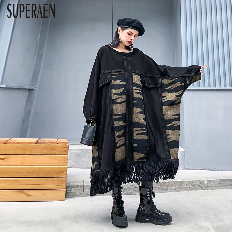 SuperAen Pluz Размер женское платье новое осеннее и зимнее свободное шерстяное сшитое женское платье с кисточками повседневная женская одежда