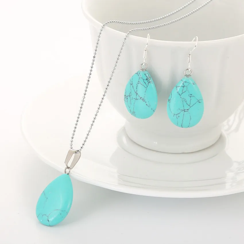 

FYSL 10 Sets Silver Plated Water Drop Green Turquoises Stone Pendant Necklace Dangle Earrings Opalite Opal Jewelry