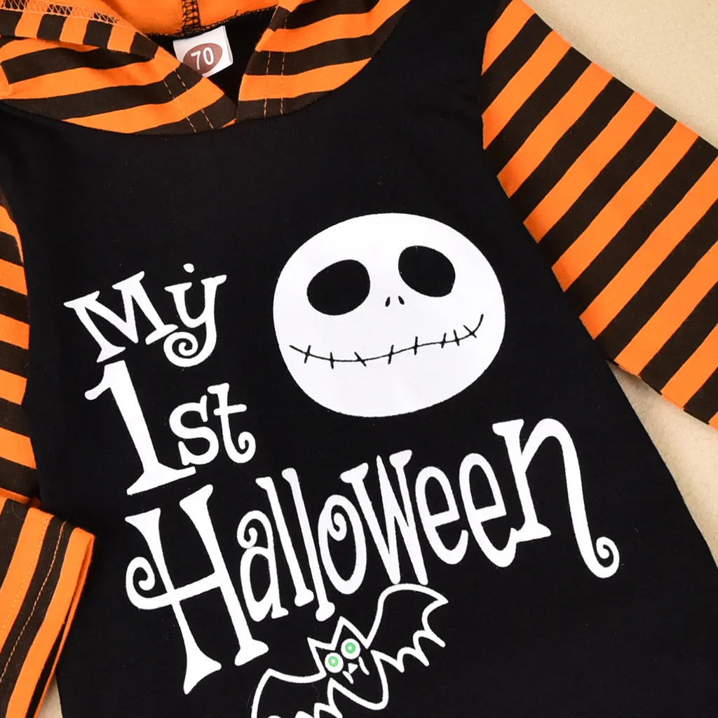 (0-18M) Infant Halloween striped jumpsuit with hood my 1st halloween hooded letter jumpsuit Halloween costume baby clothes F4