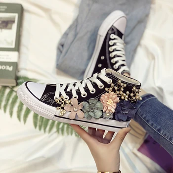 

Applique Material Women Vulcanize Shoes High Top Lace Up Platform Sneakers Bling Casual Spring Autumn Canvas Shoes Waterproof