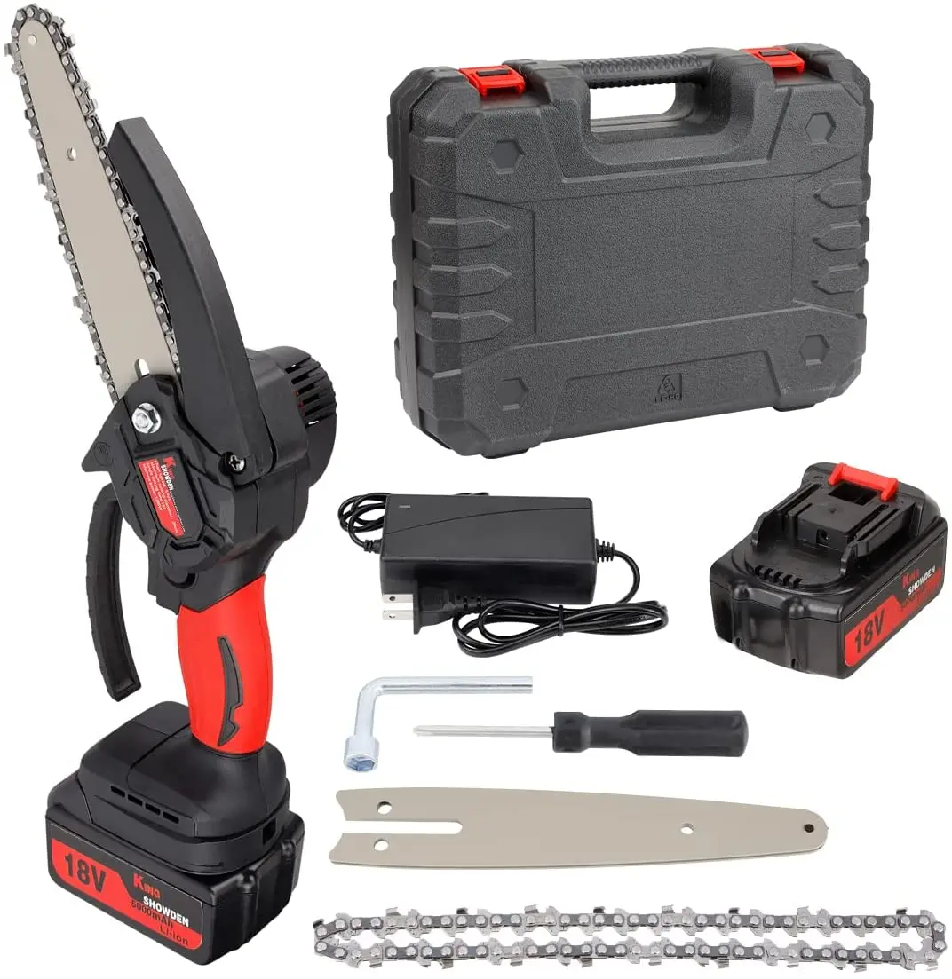 Cordless 6 Inch Mini Chainsaw King Showden 18V Electric Chain Saw with 2 Battery Chains On Metal wall plate | Дом и сад
