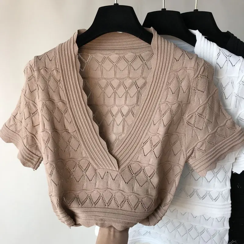 khaki Neploe, вязанные женские футболки, лето, модные, v-образный вырез, короткий рукав, женские футболки, повседневные, одноцветные, открытые, женские топы 44203 - Цвет: khaki