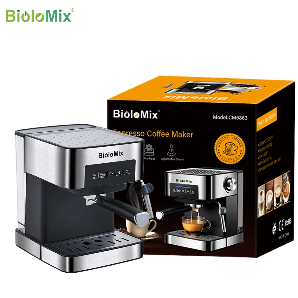 Biolomix – Cafetera italiana expreso con espumador de leche, Máquina de café eléctrica de 20 bar, para expreso, capuchino, café latte, con vaporizador de leche integrado 6