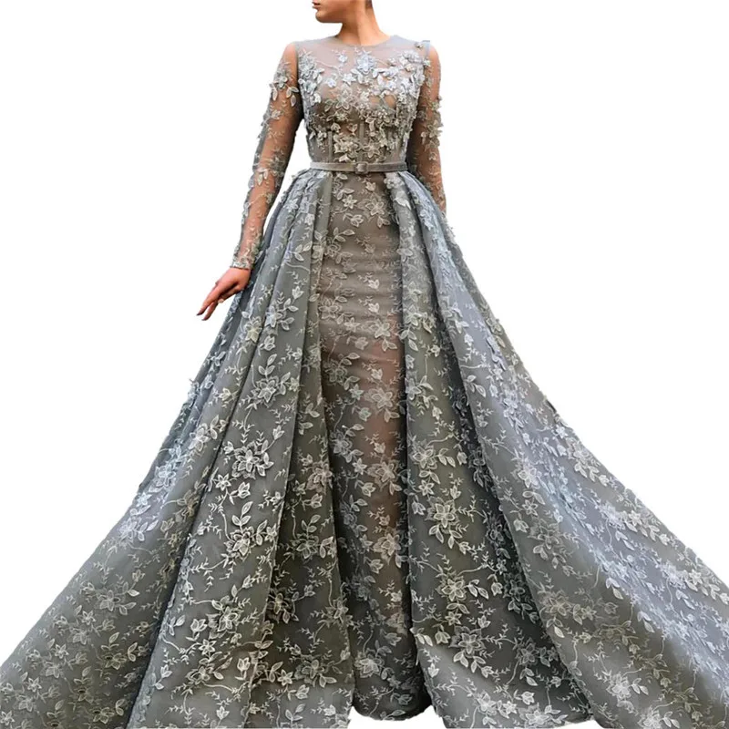

Gray Muslim Evening Dresses Mermaid Long Sleeves Appliques Lace Pearls Dubai Saudi Arabic Long Formal Evening Gown