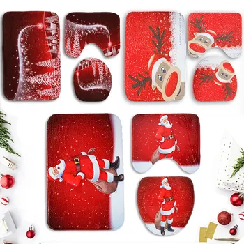 

New Merry Christmas Bathroom Toilet Floor Mat Three-piece Set Bath Mat Anti-slip Bathroom Floor Mats Toilet Seat Cover Set