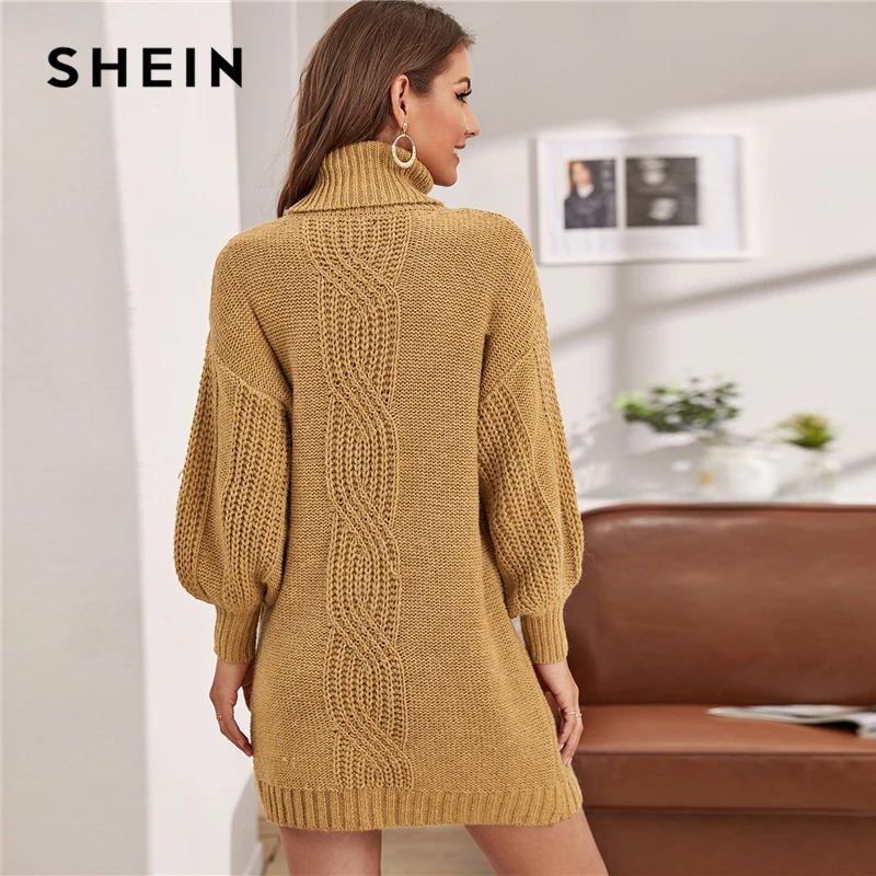 SHEIN Camel водолазка вязаный рукав-фонарик свитер платье без пояса женские зимние короткие прямые повседневные платья