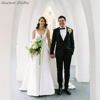 

Newland ZhiMei Vestidos De Noiva Wedding Dresses Sleeveless Sexy Deep V Neck Long Satin Backless Bridal Gown Dresses
