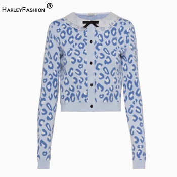 

HarleyFashion Women Elegant Spring Fall Fitted Quality Casual Sweater Leopard Embroidery Short Stretchy Fashion Sweaters
