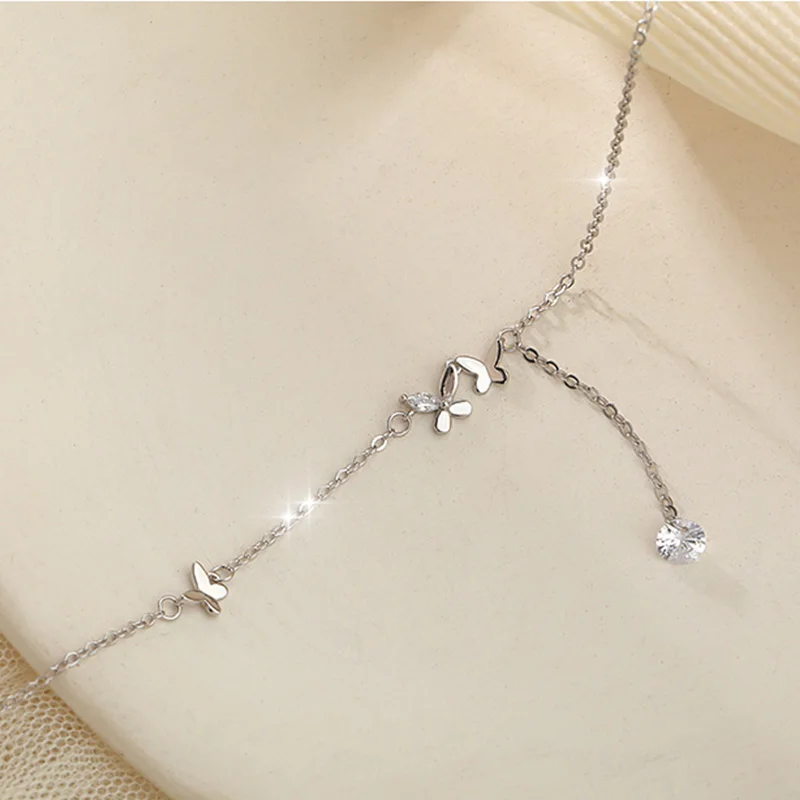 Shiny Zircon 925 Sterling Silver Necklace With Long Tassel Butterfly Choker Girl’s Birthday Party Personality Simple Gift NK031